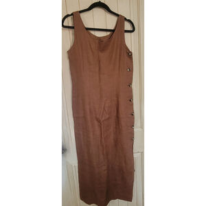 Sharon Young 100% Linen Sleeveless Long Dress Size 6 Brown Side Button Made...